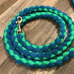 Custom hand, braided dog leash. Teal fleece and neon green nylon.